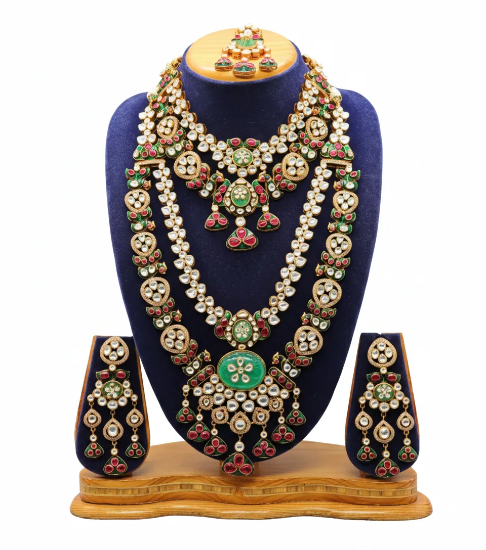 Royal Multi-Layer Kundan Necklace Set with Meenakari & Pearl Detailing