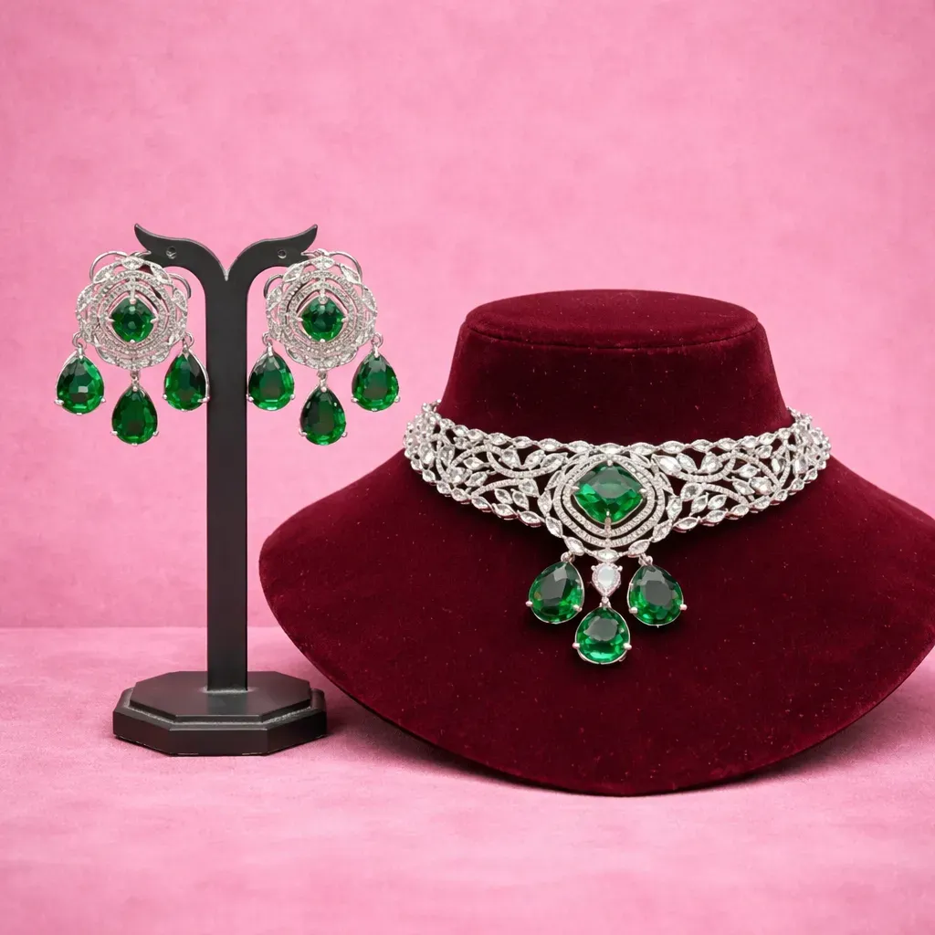 Luxury Emerald Green Choker Set with American Diamond Accents
