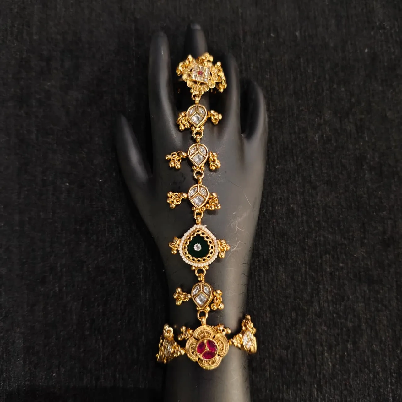 Rajsi Hathphool Bracelet – Antique Gold Kundan Hand Harness with Ring
