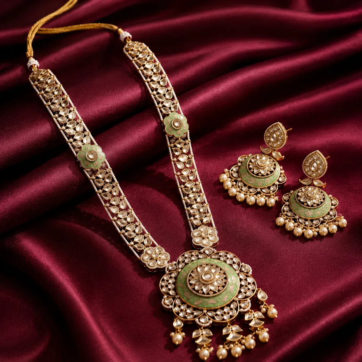 Meenakari Polki Long Necklace Set – Antique Gold Pendant Set with Chandbali Earrings