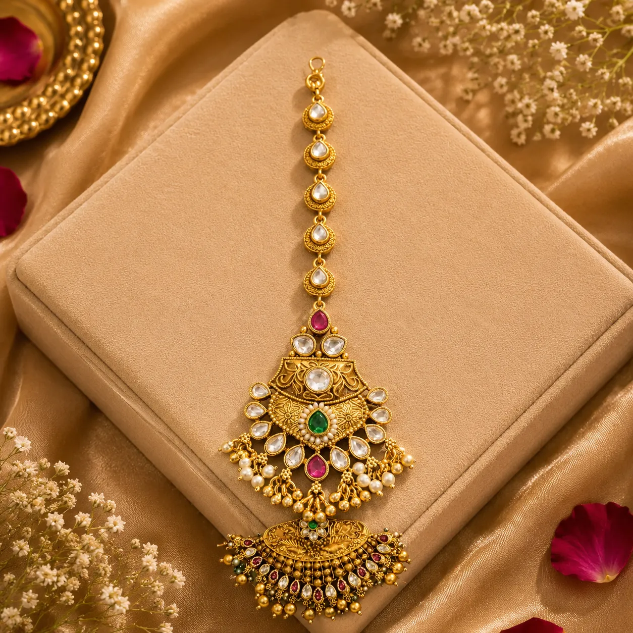 Viraasat Temple Statement Maang Tikka – Antique Gold Polki Headpiece with Pearl Drops