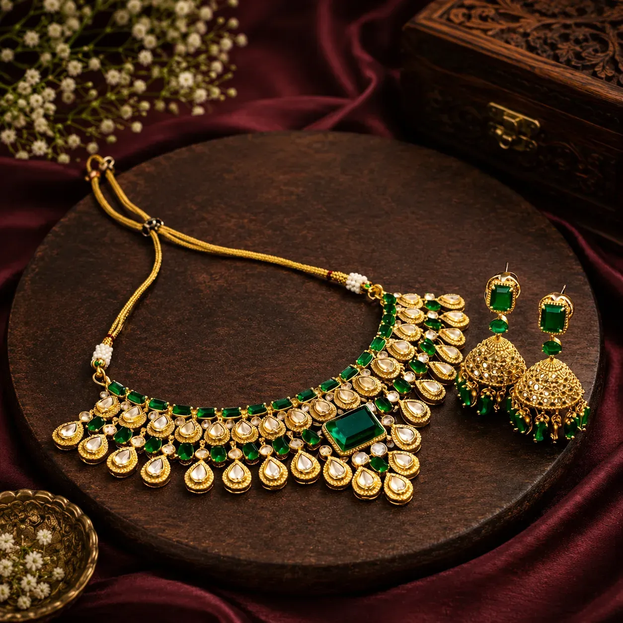 Emerald Polki Necklace Set – Antique Gold Choker with Jhumka Earrings