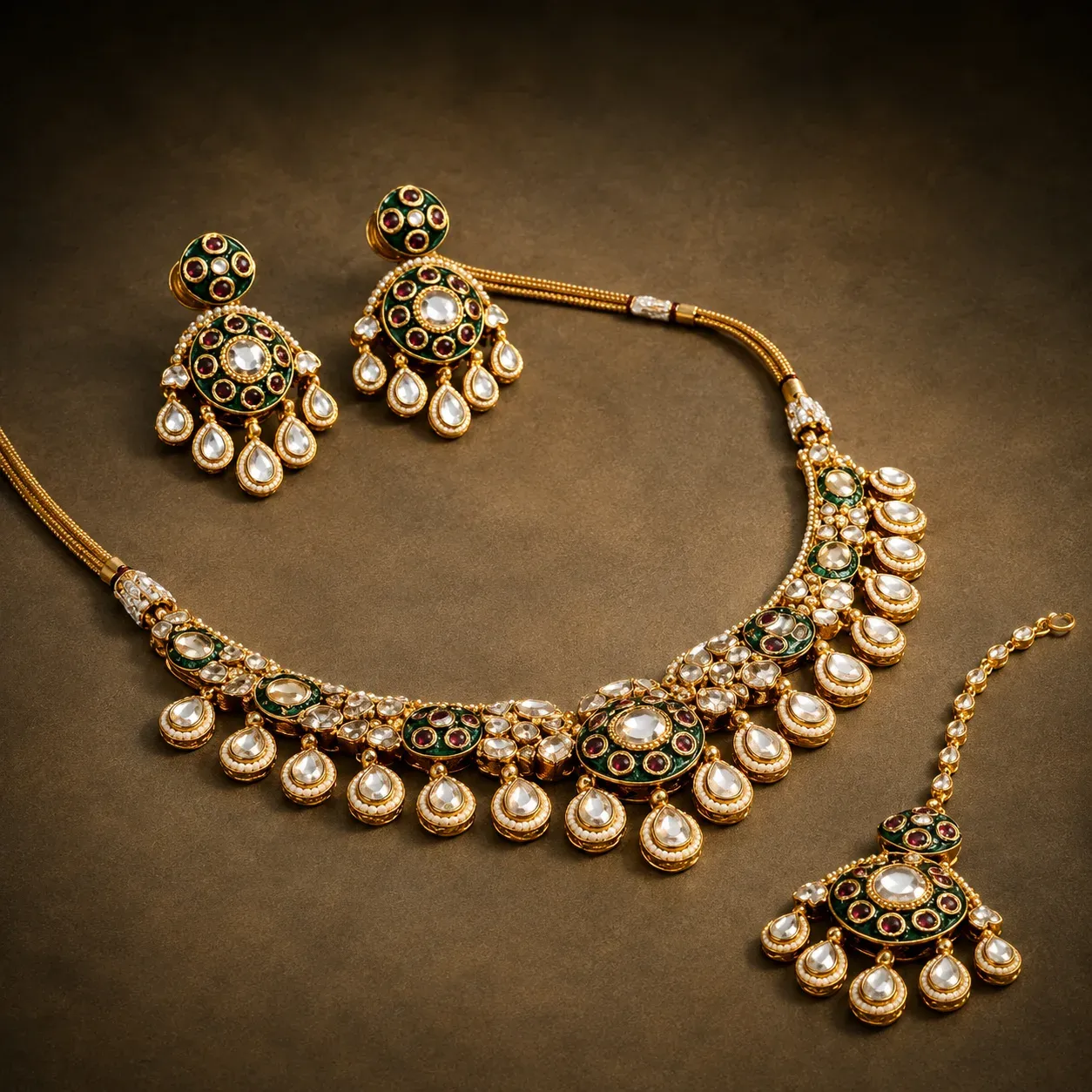 Polki Drop Necklace Set – Antique Gold Choker with Maang Tikka & Earrings