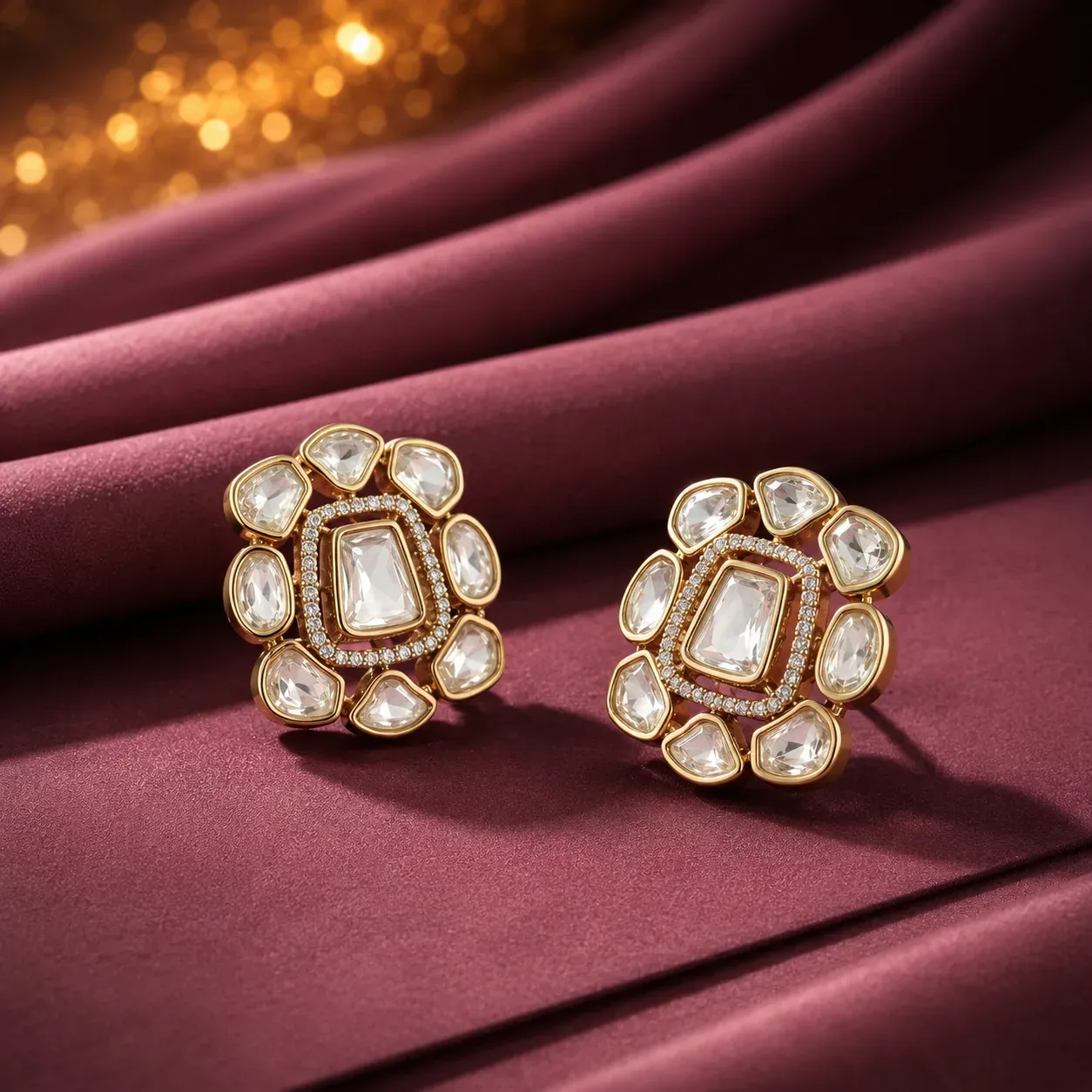 Noor Polki Stud Earrings – Antique Gold Minimal Floral Tops