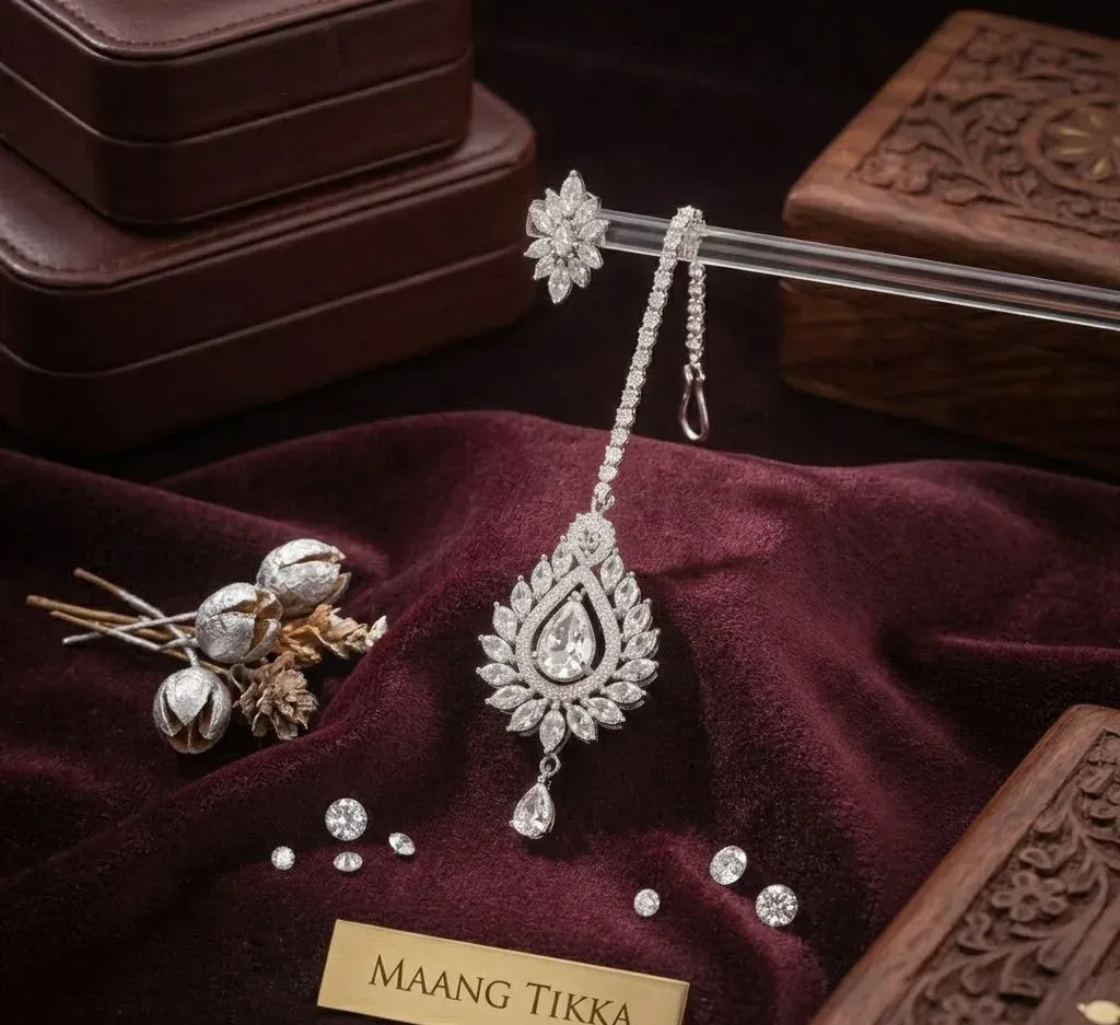 Noor Floral Drop Maang Tikka – Silver-Tone Teardrop Crystal Headpiece