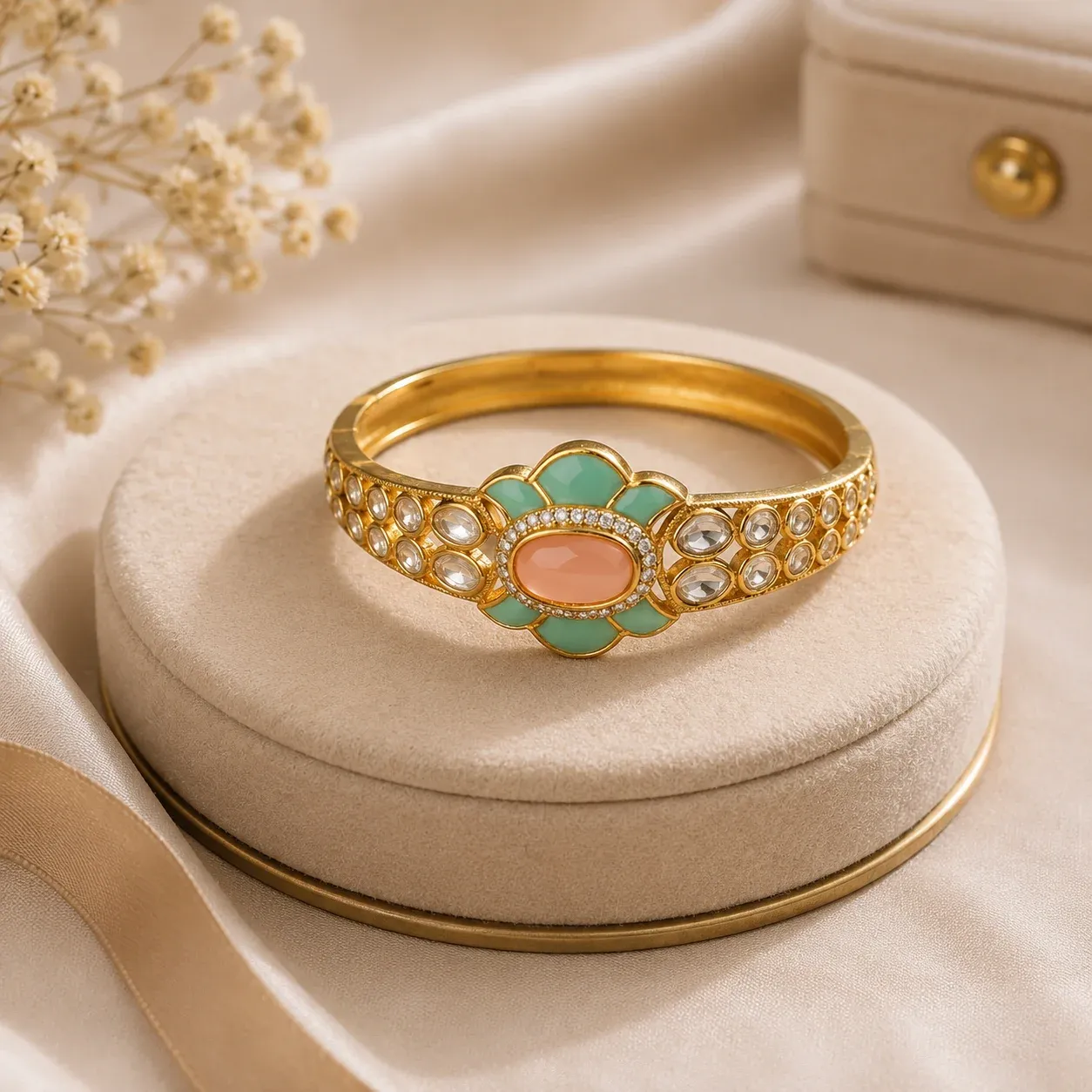 Pastel Bloom Kada – Gold-Tone Kundan Bracelet with Mint & Blush Stone