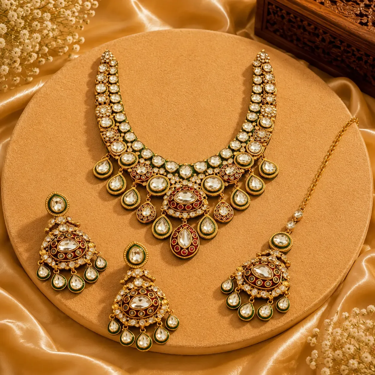 Rajvanshi Kundan Bridal Set – Statement Necklace with Earrings & Maang Tikka