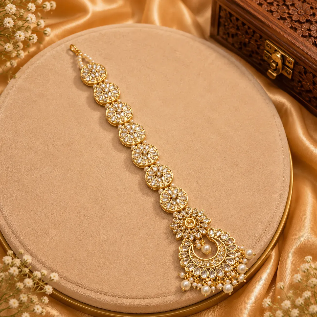 Pearl Kundan Hair Choti – Gold-Tone Bridal Braid Accessory