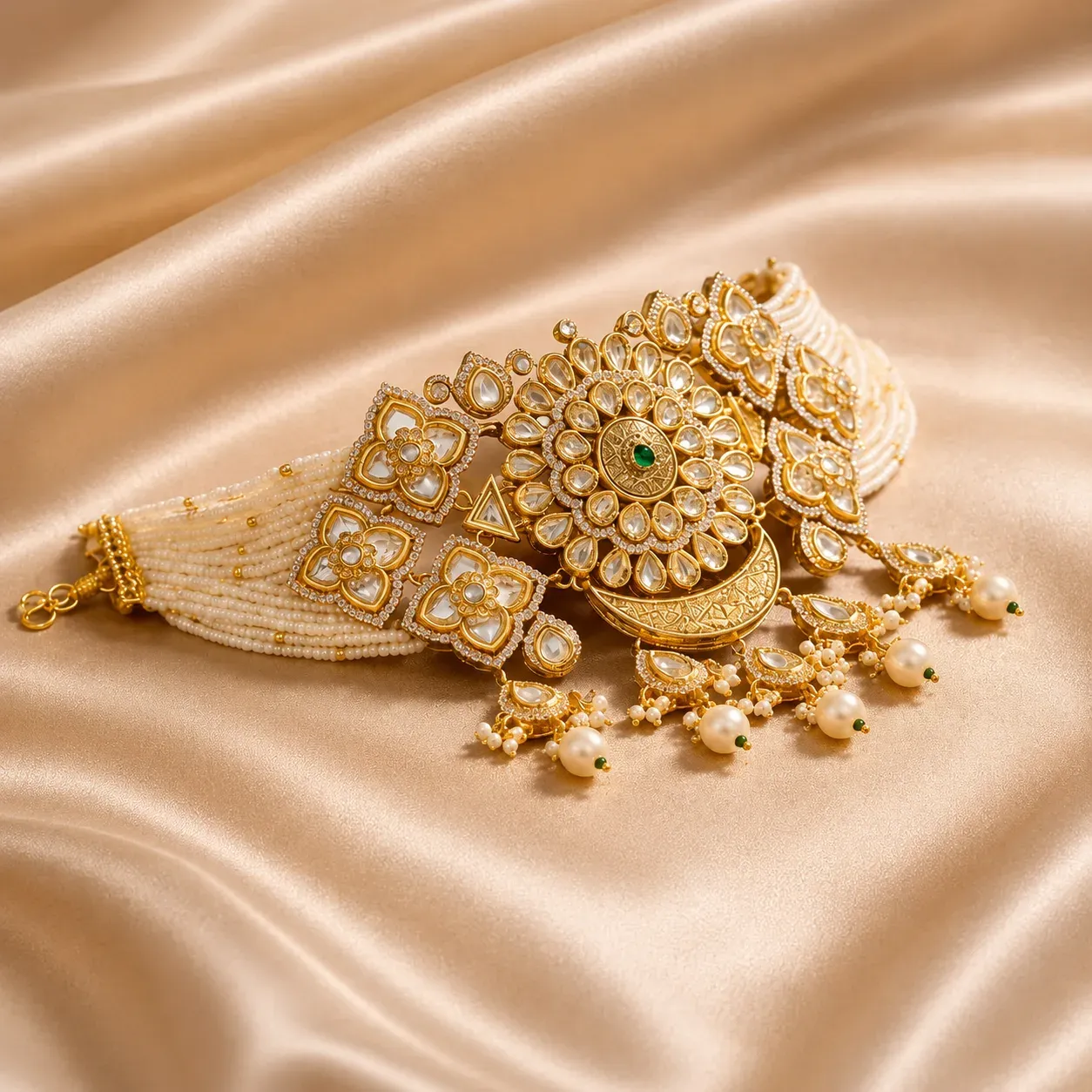 Noor Polki Floral Choker with Pearl Strands – Antique Gold Statement Bridal Choker