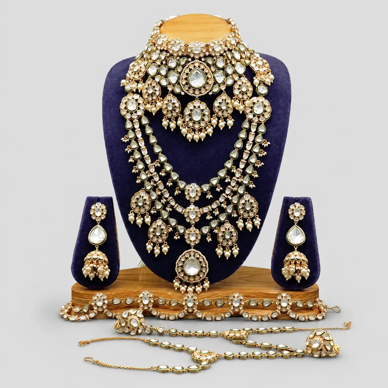 Rajsi Polki Kundan Bridal Set – Tiered Necklace with Earrings, Kada & Maang Tikka