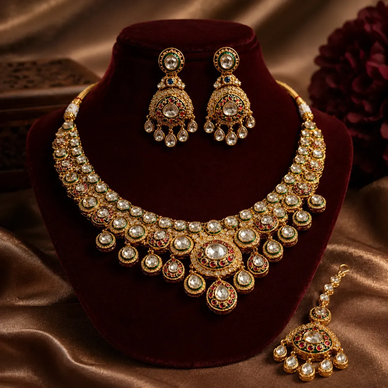 Viraasat Polki Medallion Necklace Set – Antique Gold Bridal Set with Jhumka Earrings & Maang Tikka