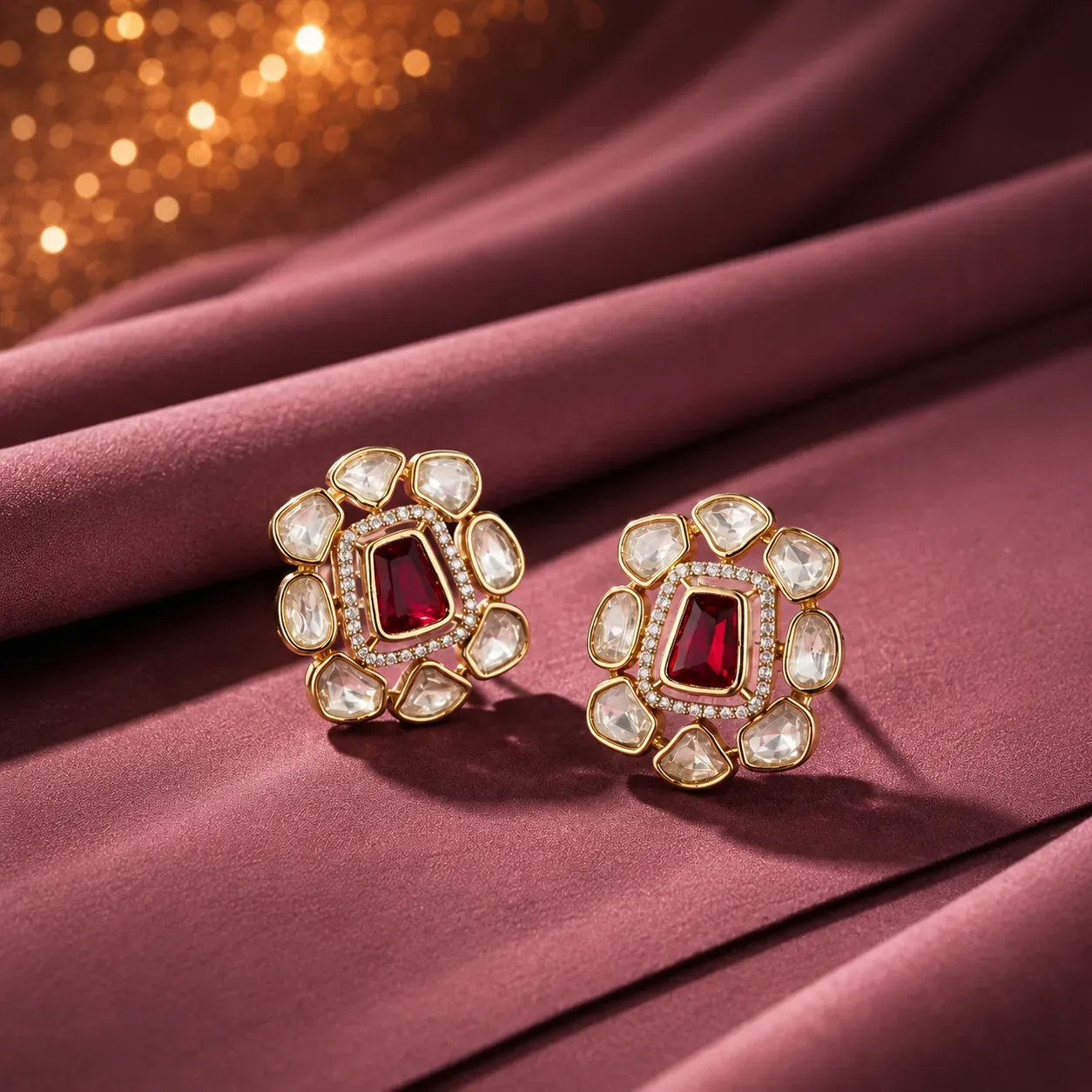 Noor Ruby Polki Stud Earrings – Antique Gold Floral Statement Tops