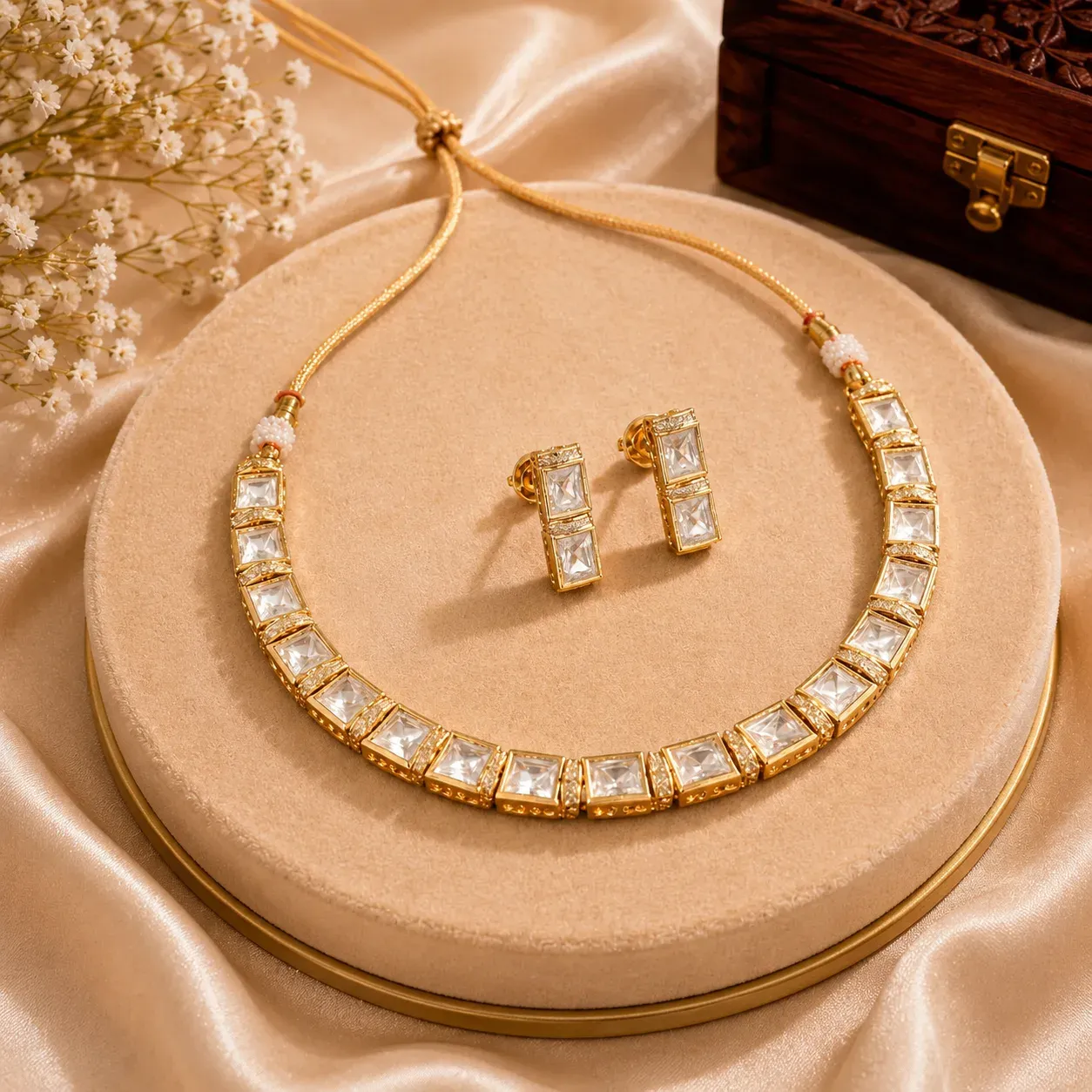 Luxe Kundan Choker Set – Gold-Tone Geometric Necklace with Stud Earrings