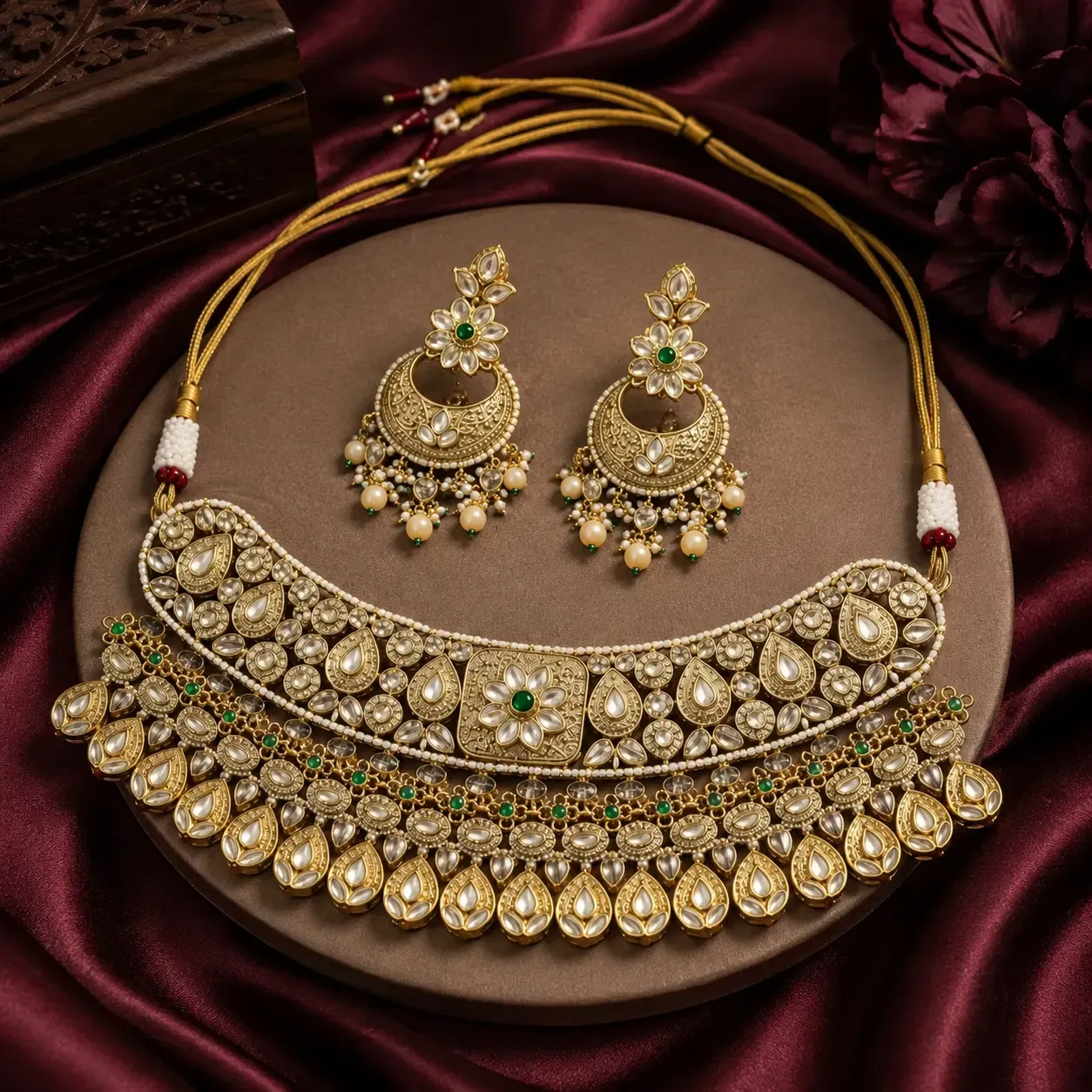 Viraasat Polki Choker Set – Antique Gold Bridal Necklace with Chandbali Earrings
