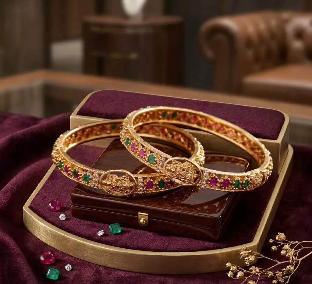 Viraasat Temple Bangle Set – Antique Gold Bangles with Ruby & Emerald Accents