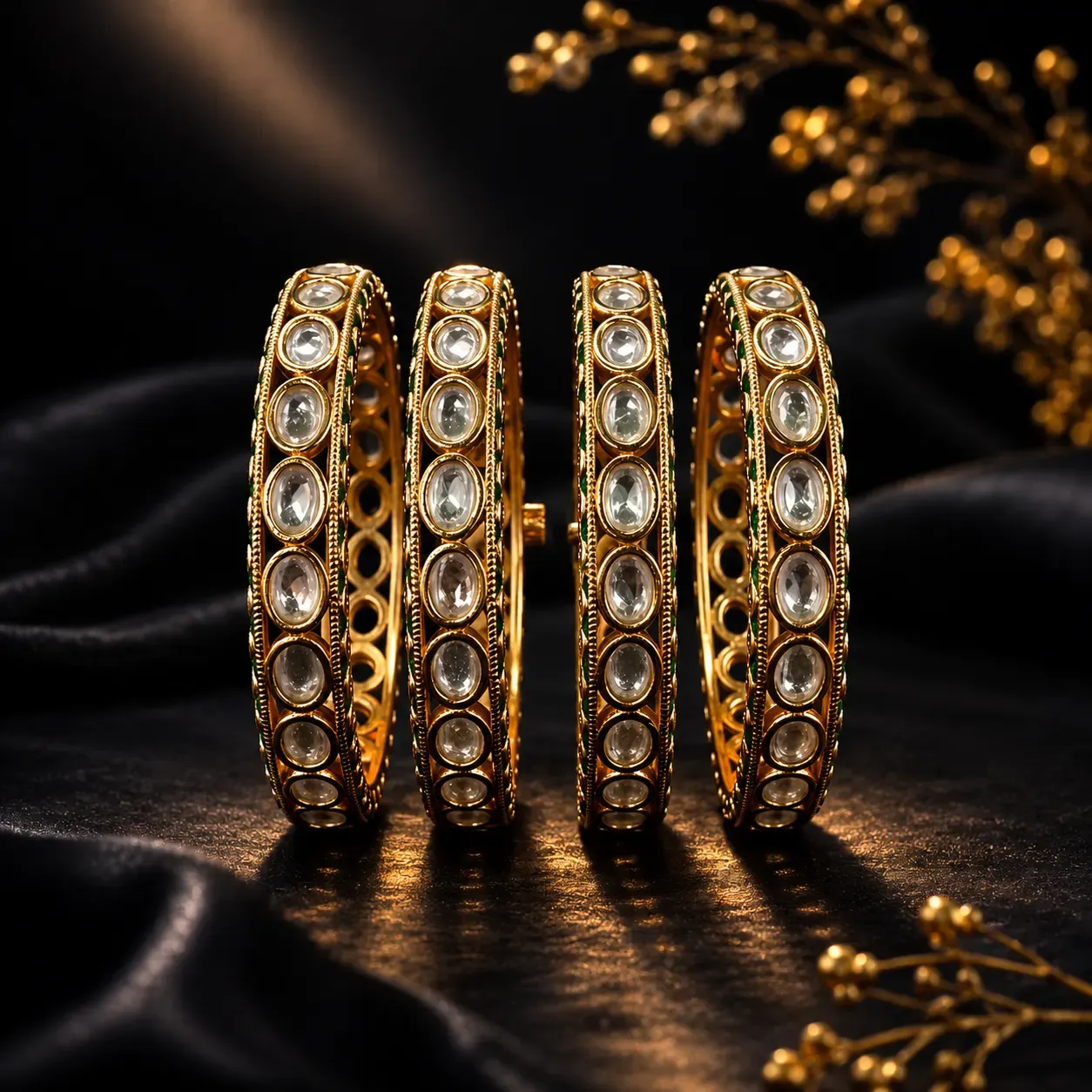 Polki Heritage Kada Set – Gold-Toned Stone Studded Bangles (Set of 4)