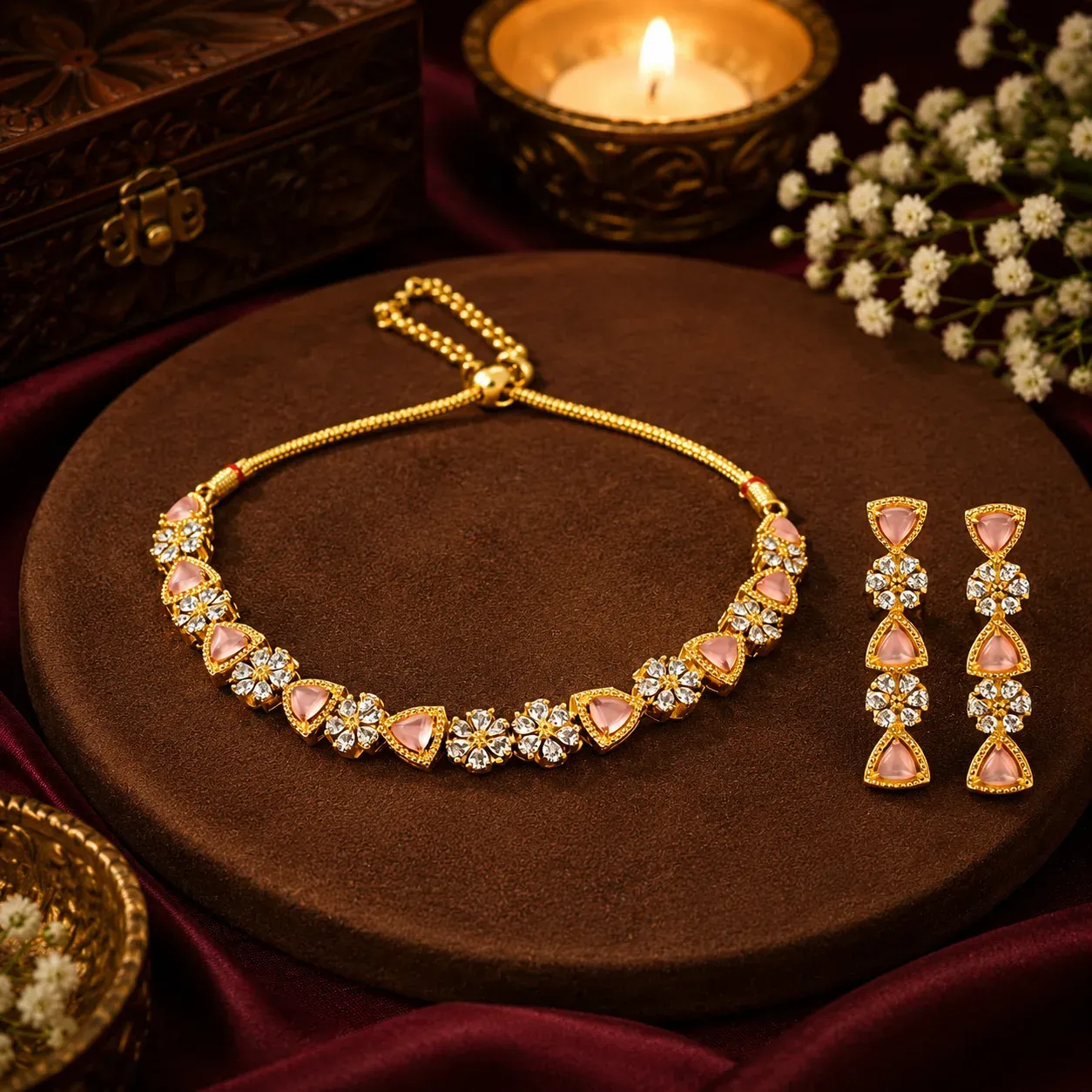 Blush Crystal Necklace Set – Gold-Toned Statement Necklace with Drop Earrings