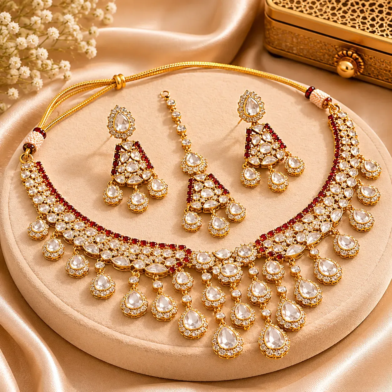 Royal Kundan Necklace Set – Gold-Tone Teardrop Bridal Jewellery Set