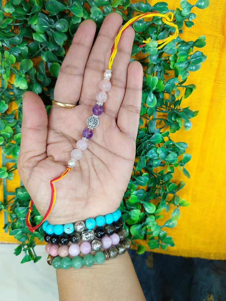 Rose Quartz And Amethyst With Tree of Life  Charm Rakhi