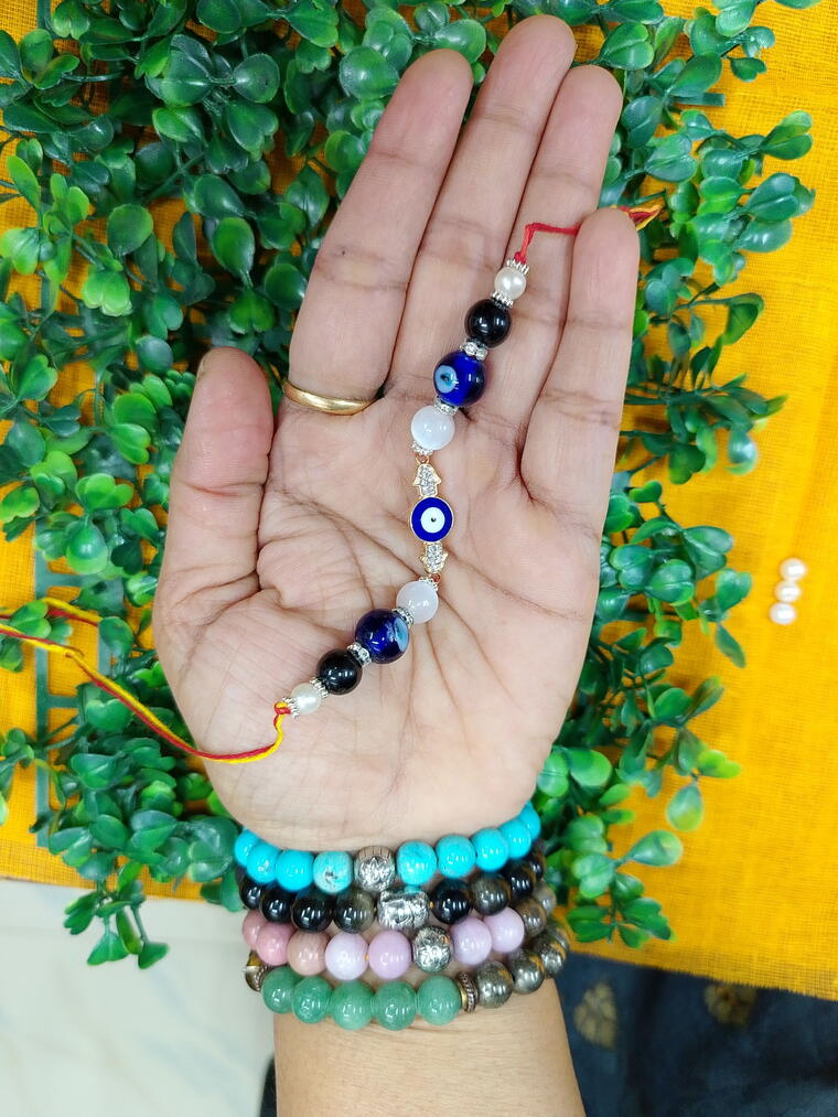 Hamsha And Evil Eye With Selenite And Black Obsidian Rakhi