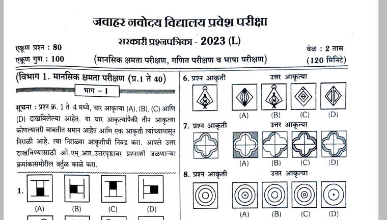 Navodaya Vidyalaya Previous Question Papers 2023Class 6