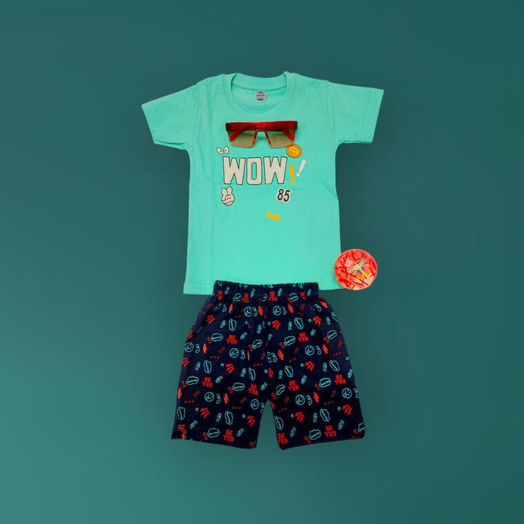 Boys Teal T-Shirt And Navy Printed Shorts Set 