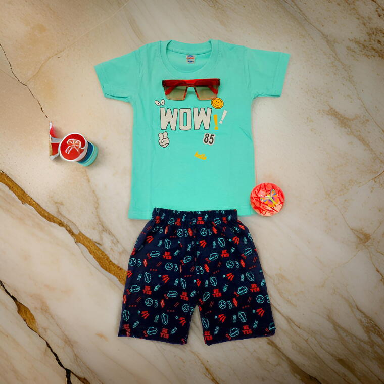 Boys Teal T-Shirt And Navy Printed Shorts Set