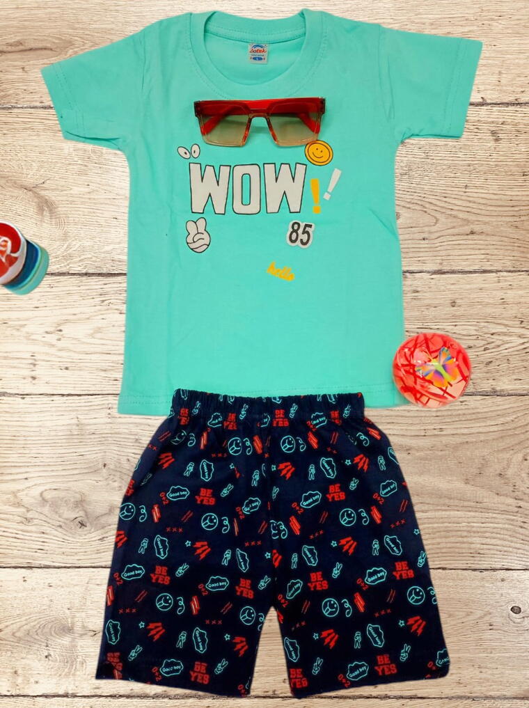 Boys Teal T-Shirt And Navy Printed Shorts Set