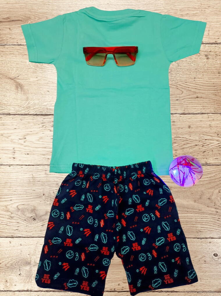 Boys Teal T-Shirt And Navy Printed Shorts Set