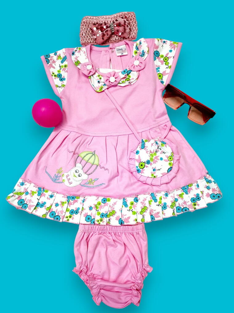Adorable Pink Baby Dress Set – Floral &amp; Bear