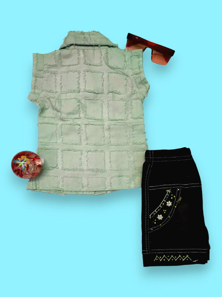 Stylish Green Textured Girls’ Shirt & Black Skirt Set