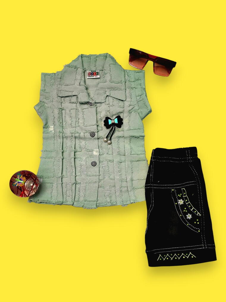 Stylish Green Textured Girls’ Shirt & Black Skirt Set
