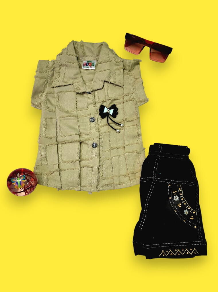 Elegant Beige Textured Girls’ Shirt &amp; Black Skirt Set