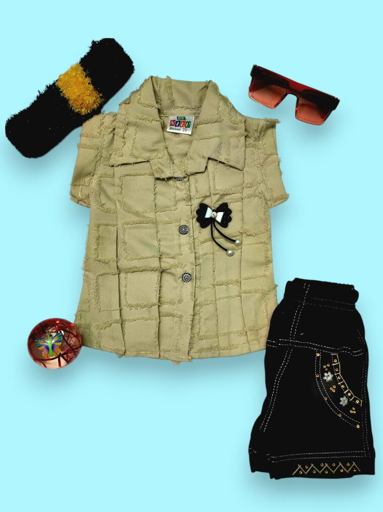 Elegant Beige Textured Girls’ Shirt & Black Skirt Set