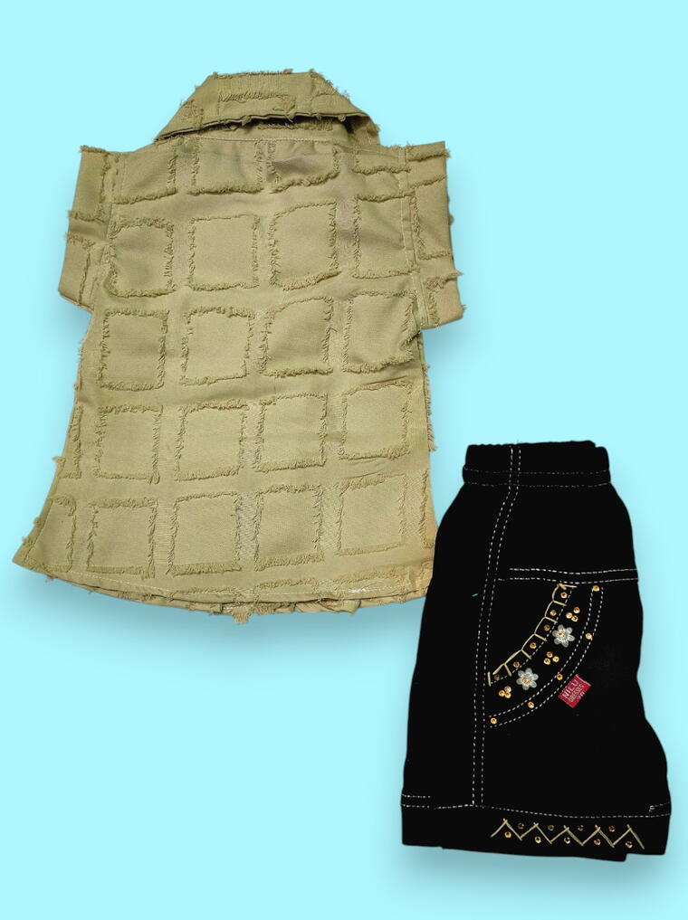 Elegant Beige Textured Girls’ Shirt & Black Skirt Set