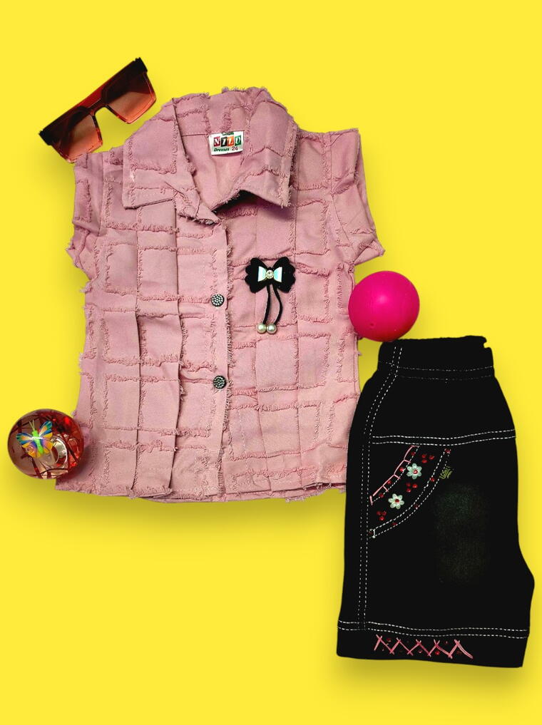 Trendy Pink Textured Girls’ Shirt &amp; Black Skirt Set