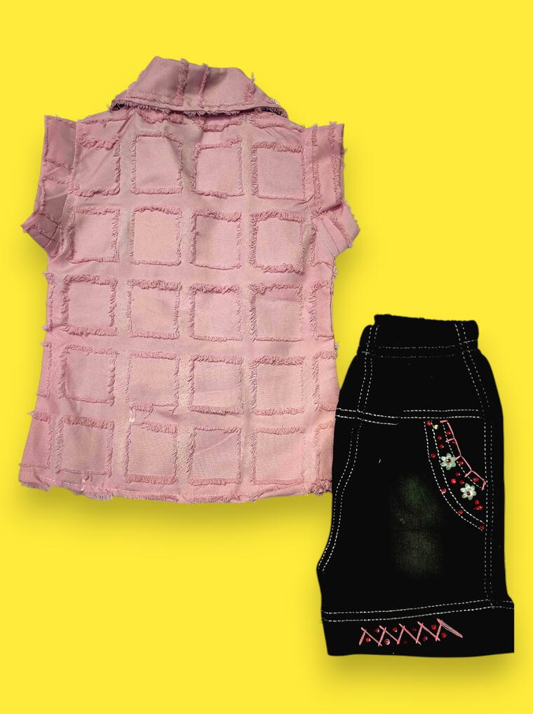 Trendy Pink Textured Girls’ Shirt & Black Skirt Set