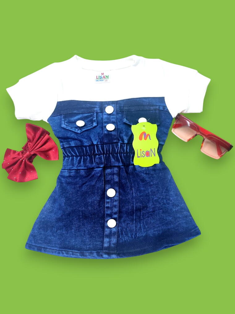 Trendy Denim Dress for Girls – Stylish White & Blue Outfit