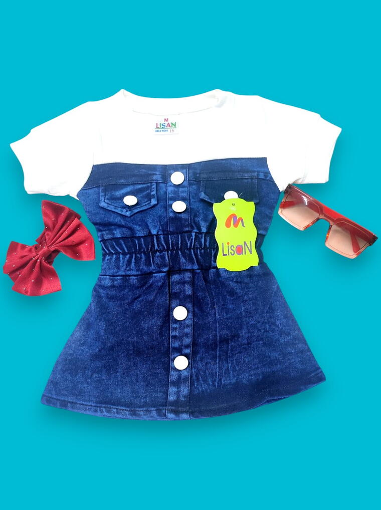 Trendy Denim Dress for Girls – Stylish White &amp; Blue Outfit