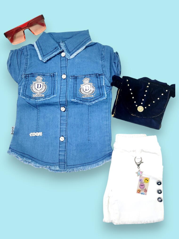Trendy Denim Shirt &amp; White Pants Set for Girls