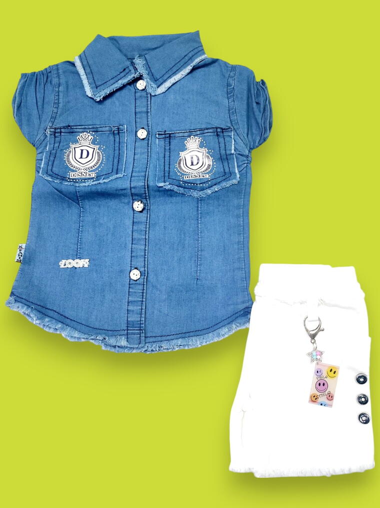 Trendy Denim Shirt & White Pants Set for Girls