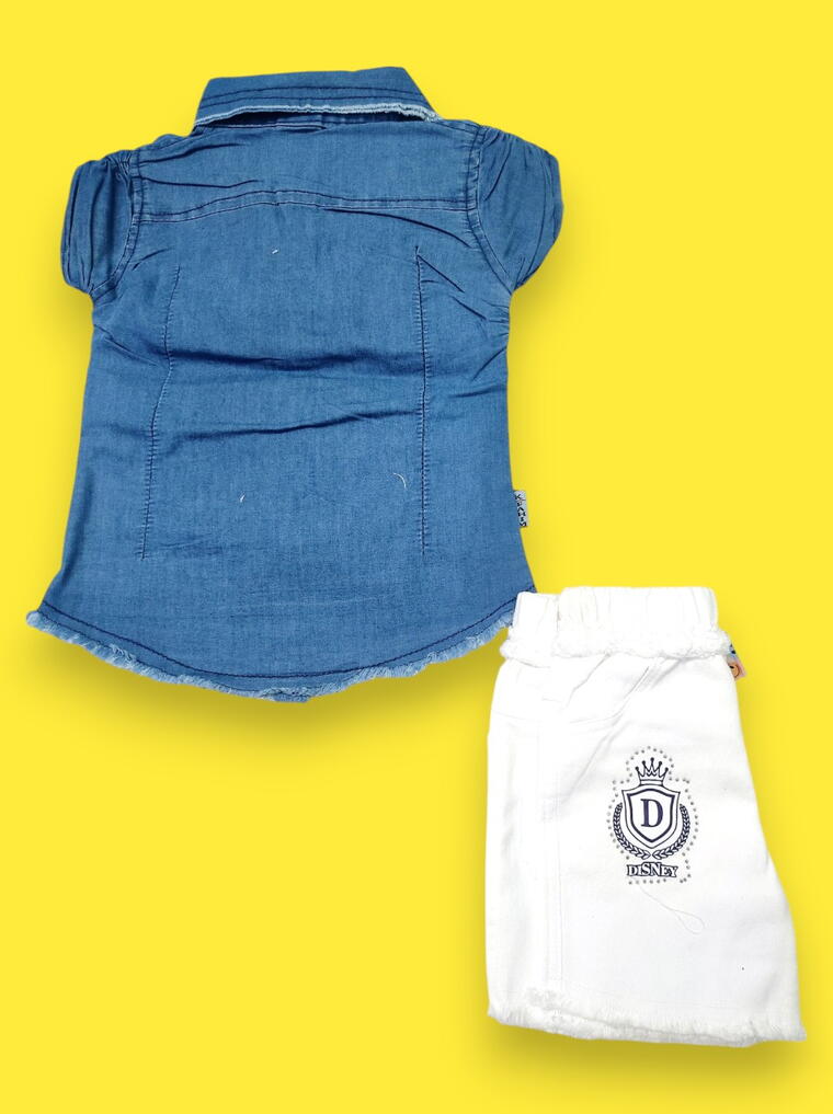 Trendy Denim Shirt & White Pants Set for Girls