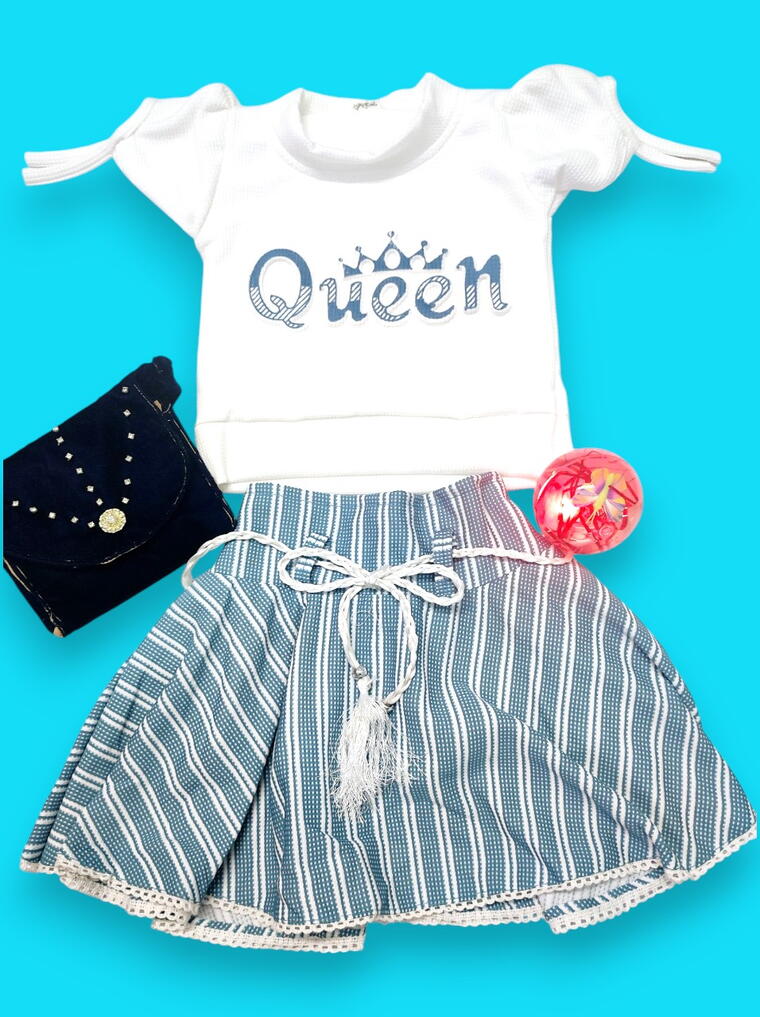 Cute "Queen" Printed Top &amp; Striped Skirt Set