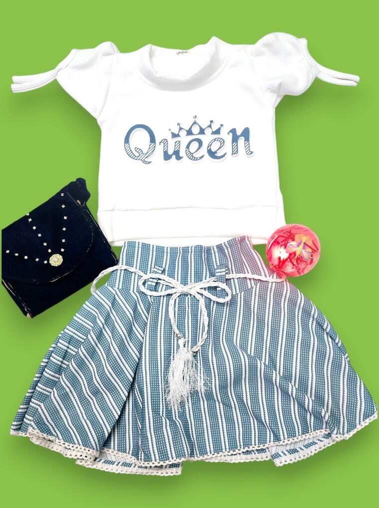 Cute "Queen" Printed Top & Striped Skirt Set