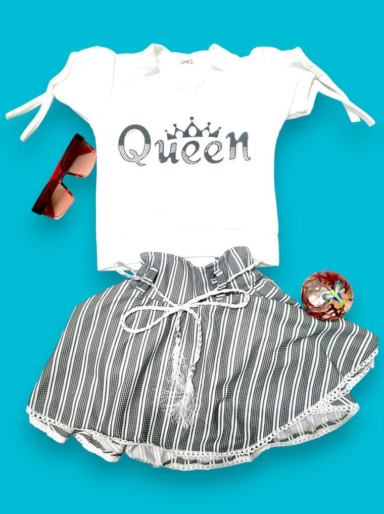 Chic Girls' "Queen" Outfit with Striped Skirt