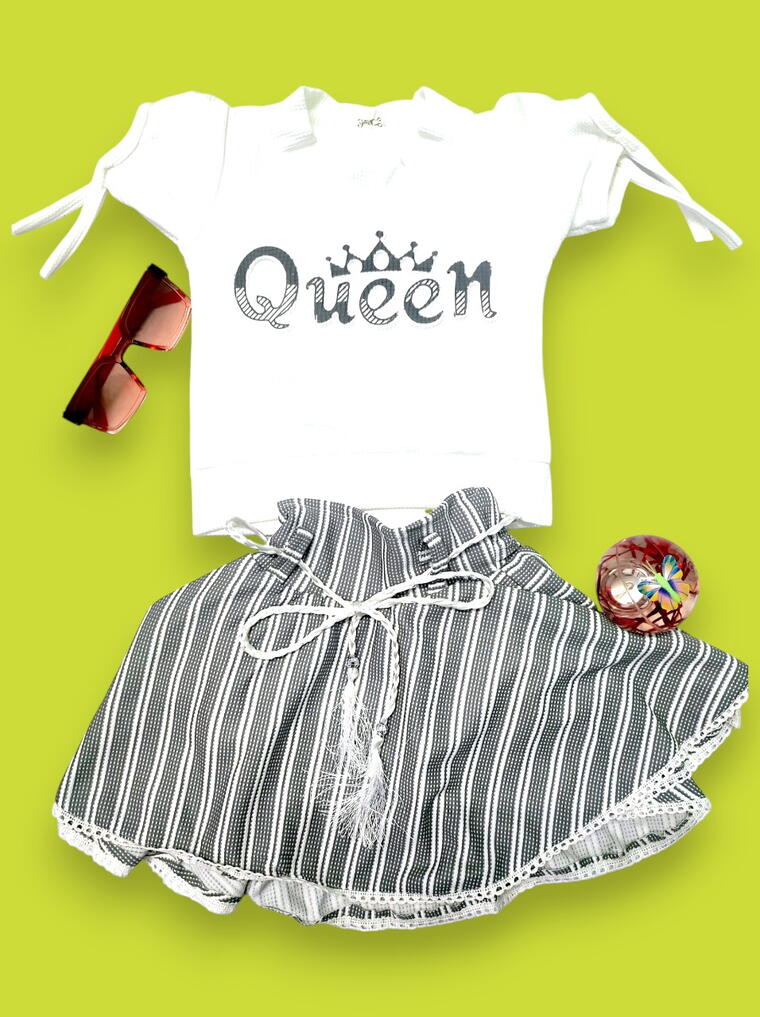 Chic Girls' "Queen" Outfit with Striped Skirt