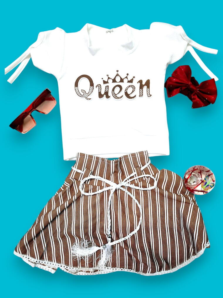 Brown Striped Skirt & White "Queen" Top Set