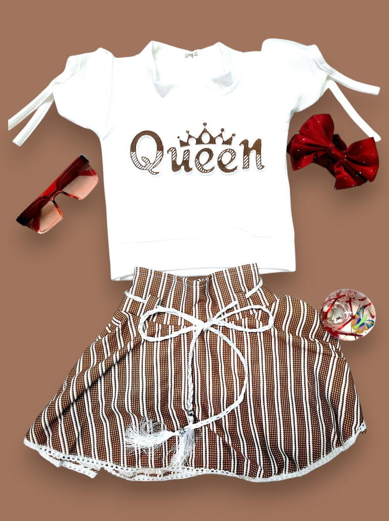 Brown Striped Skirt &amp; White "Queen" Top Set