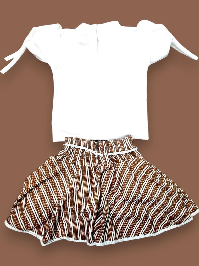 Brown Striped Skirt & White "Queen" Top Set