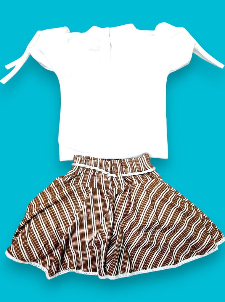 Brown Striped Skirt & White "Queen" Top Set